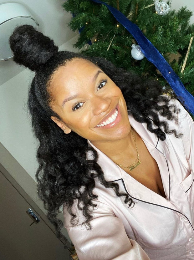 kinky straight clip in hair extensions on Black Woman; half up, half down holiday hairstyle