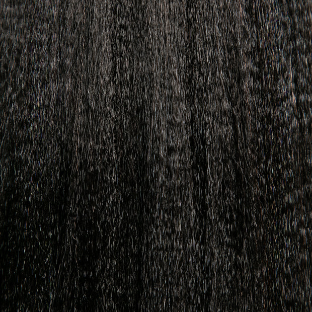Detail view of Silk Press Straight hair texture by Melanj Hair; kinky straight Remy hair extensions